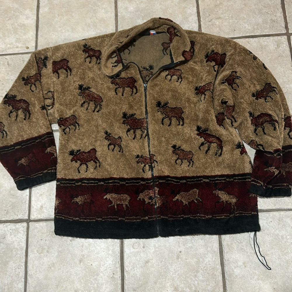 Women's Brown Moose Print Fleece Sherpa Jacket 90s Mazmania